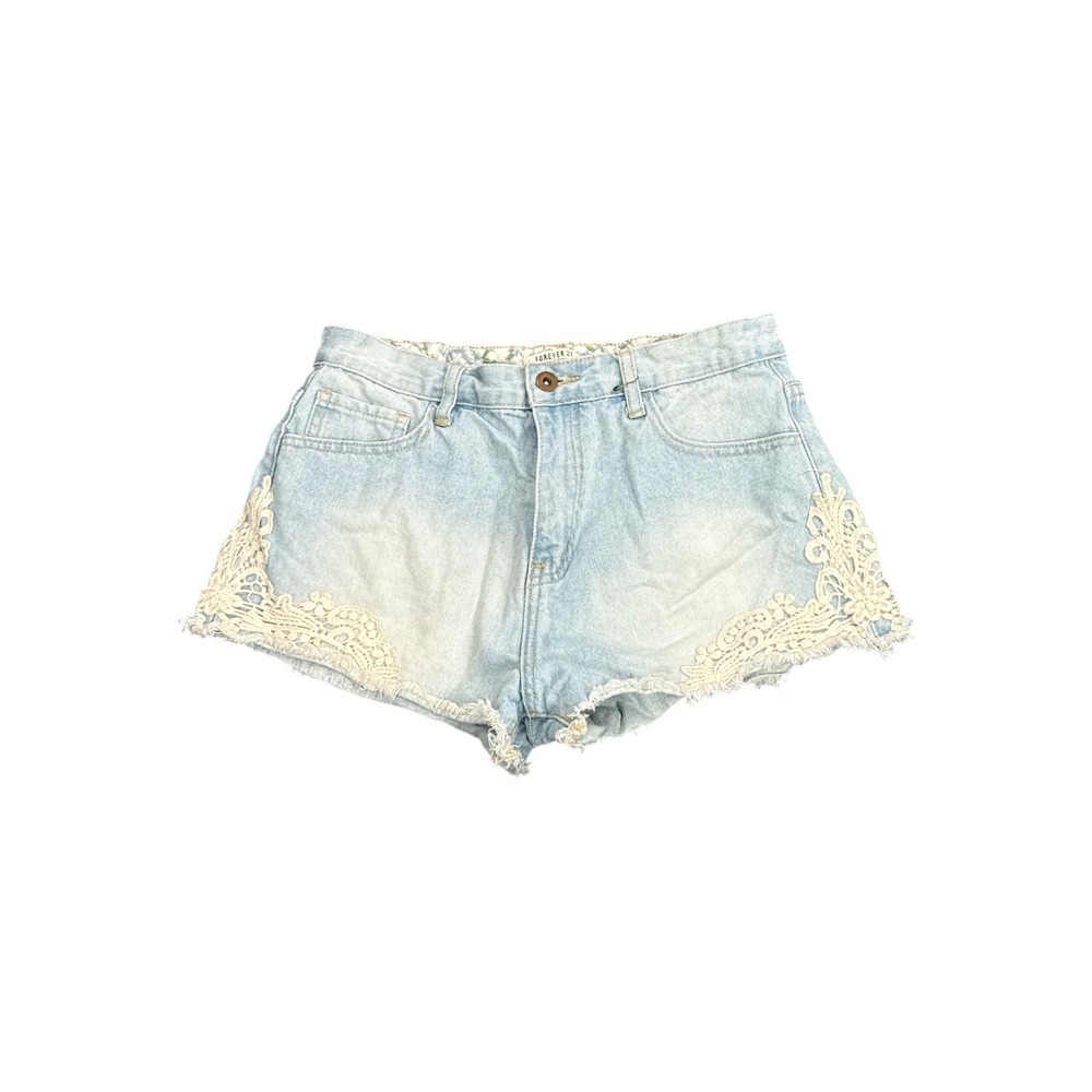 Forever 21‎ Light Wash Lace Trim Denim Shorts Boho Frayed Hem Blue Size 29
